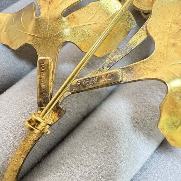 Vendome Brooch Sterling Silver Gold Vermeil Flower Floral Red Signed 3" Pin - Picture 8 of 12